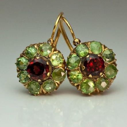 Boucles d’oreilles rondes vintage en cristal vert et rouge