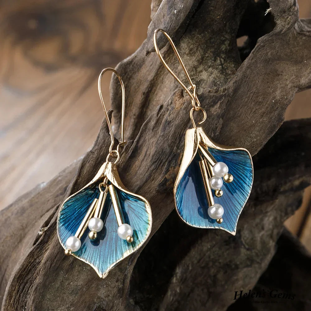 Boucles d’oreilles lotus bleues en argent vintage